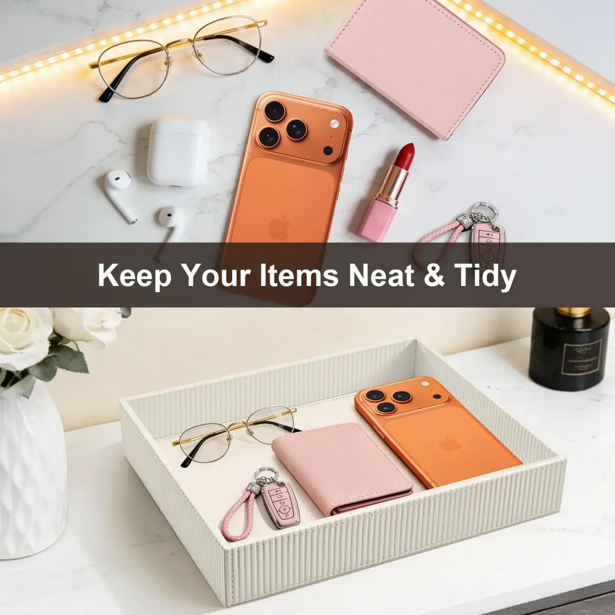 SITHON Valet Tray Desk Organizer PU Leather Catchall Stripe Pearl White 28cm (11in) x 22.5cm (8.9in) x 6cm (2.4in) | Modern Style Catchall Tray - view 3