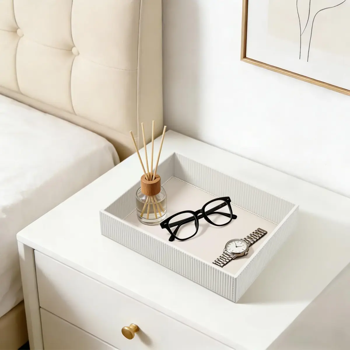 SITHON Valet Tray Desk Organizer PU Leather Catchall Stripe Pearl White 28cm (11in) x 22.5cm (8.9in) x 6cm (2.4in) | Modern Style Catchall Tray - view 4