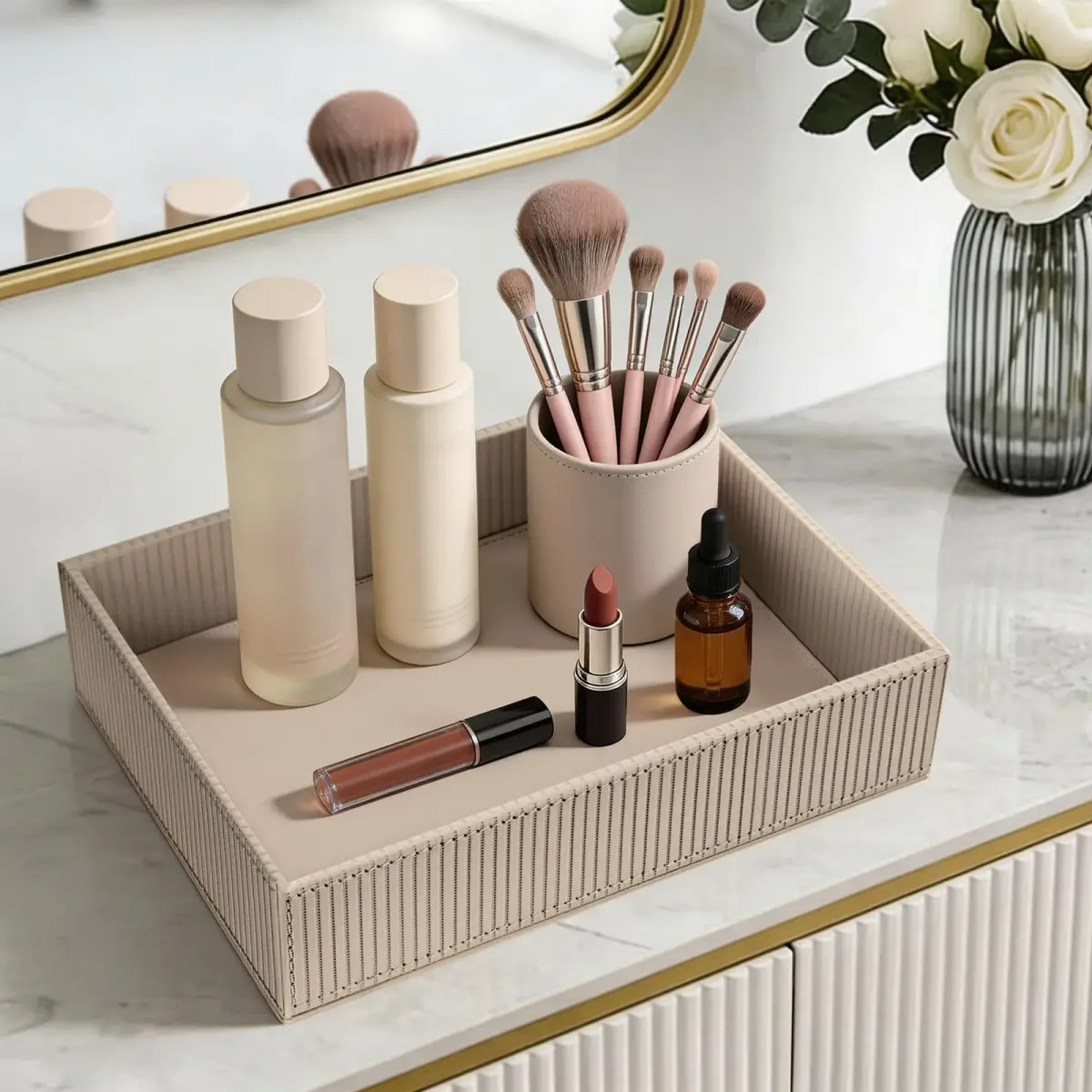 SITHON Valet Tray Desk Organizer PU Leather Catchall with Wood Structure, Stripe Latte | Modern Rectangular Organizer for Keys, Phones, Jewelry - view 5