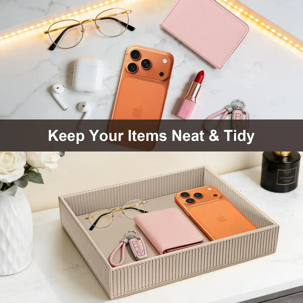 SITHON Valet Tray Desk Organizer PU Leather Catchall with Wood Structure, Stripe Latte | Modern Rectangular Organizer for Keys, Phones, Jewelry - view 6