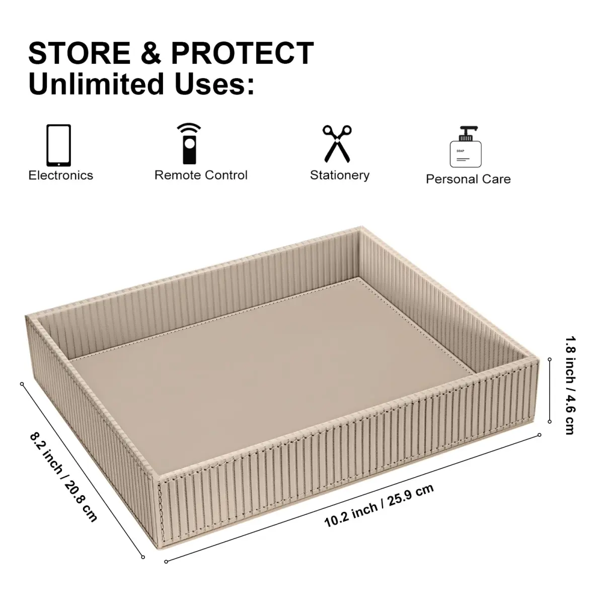 SITHON Valet Tray Desk Organizer PU Leather Catchall with Wood Structure, Stripe Latte | Modern Rectangular Organizer for Keys, Phones, Jewelry - view 2