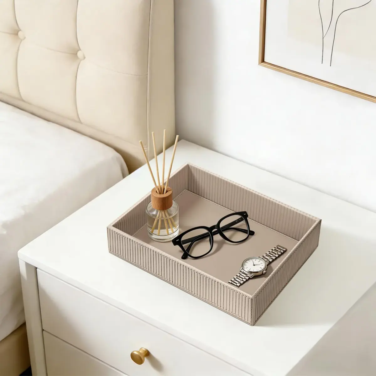 SITHON Valet Tray Desk Organizer PU Leather Catchall with Wood Structure, Stripe Latte | Modern Rectangular Organizer for Keys, Phones, Jewelry - view 3