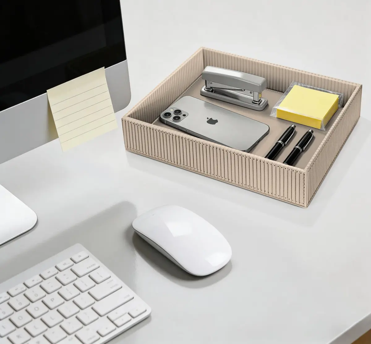 SITHON Valet Tray Desk Organizer PU Leather Catchall with Wood Structure, Stripe Latte | Modern Rectangular Organizer for Keys, Phones, Jewelry - view 4