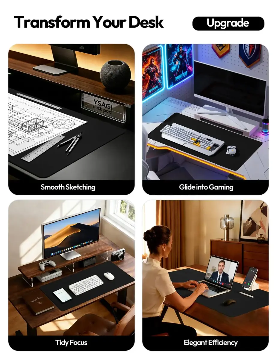 YSAGi Leather Desk Pad Protector Black 137cm x 43cm (55" x 17.2") | Protects Desks, Enhances Workspace - view 3