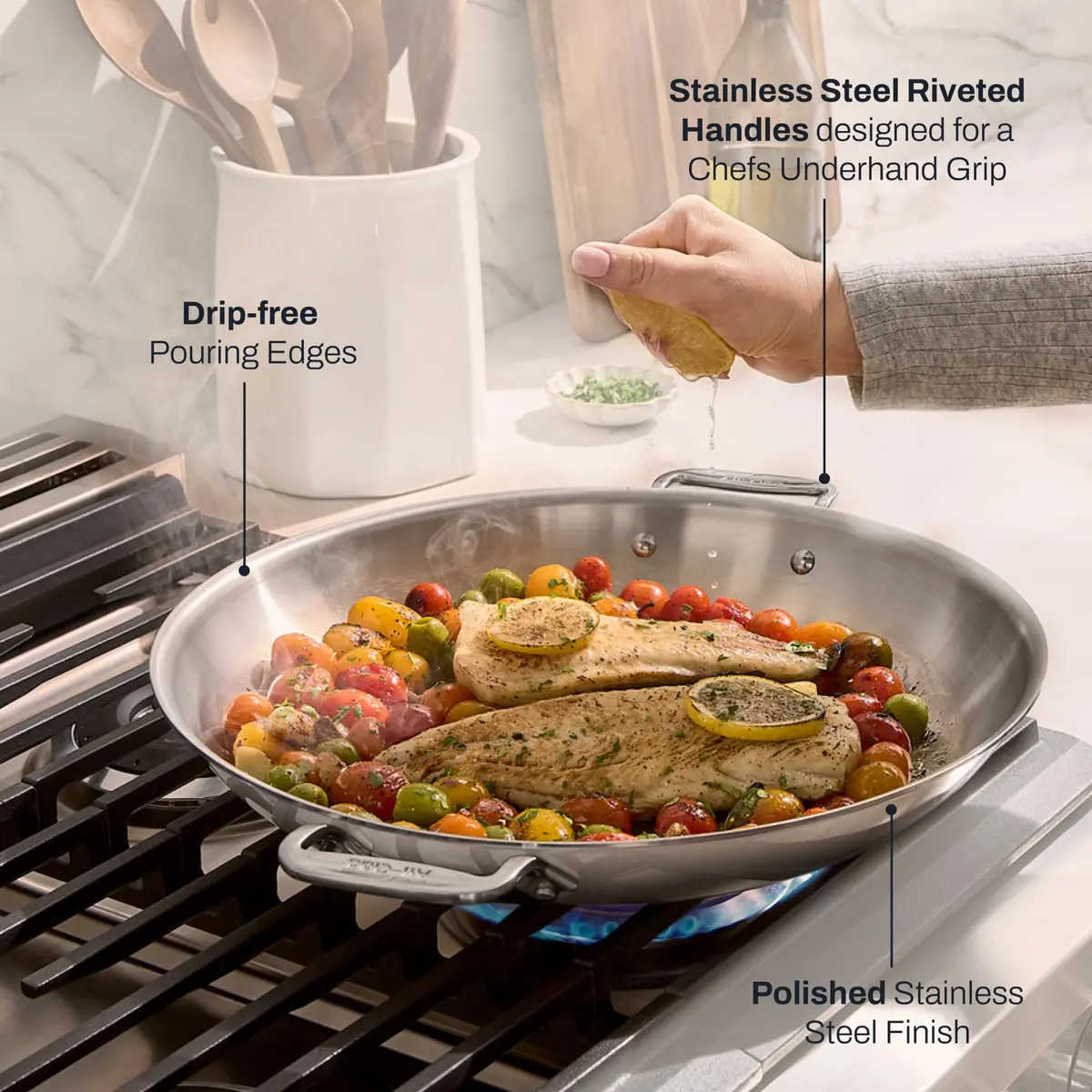 All-Clad D3 Stainless Steel 14" Paella Pan | Made in USA, 14-inch, Fully Bonded Tri-Ply - view 5