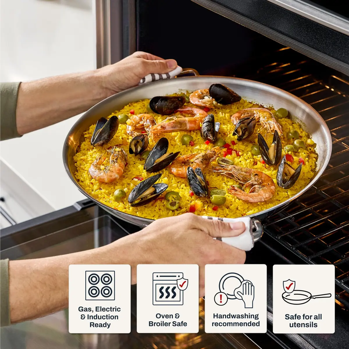 All-Clad D3 Stainless Steel 14" Paella Pan | Made in USA, 14-inch, Fully Bonded Tri-Ply - view 6