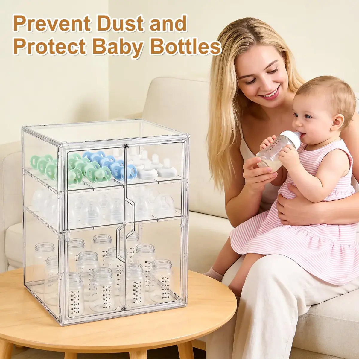 ERTIUANIO 3-Tier Baby Bottle Organizer with Double Doors & Removable Dividers | Clear Acrylic Countertop Storage Station (25.9cm L x 33.8cm W x 44.6cm H) - view 5