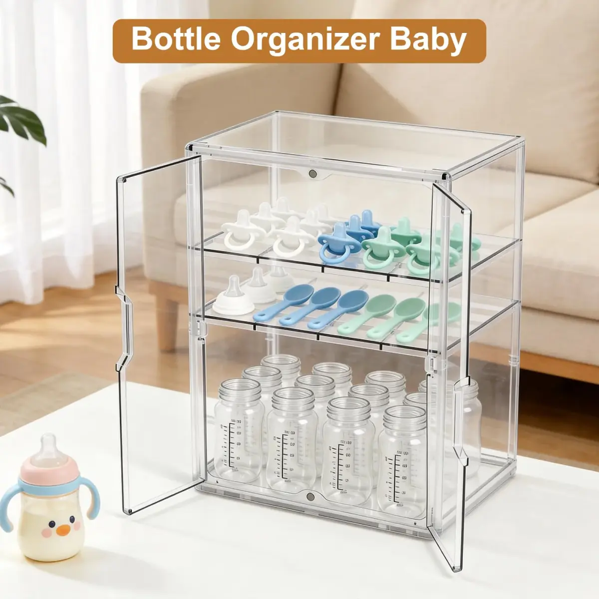 ERTIUANIO 3-Tier Baby Bottle Organizer with Double Doors & Removable Dividers | Clear Acrylic Countertop Storage Station (25.9cm L x 33.8cm W x 44.6cm H) - view 7