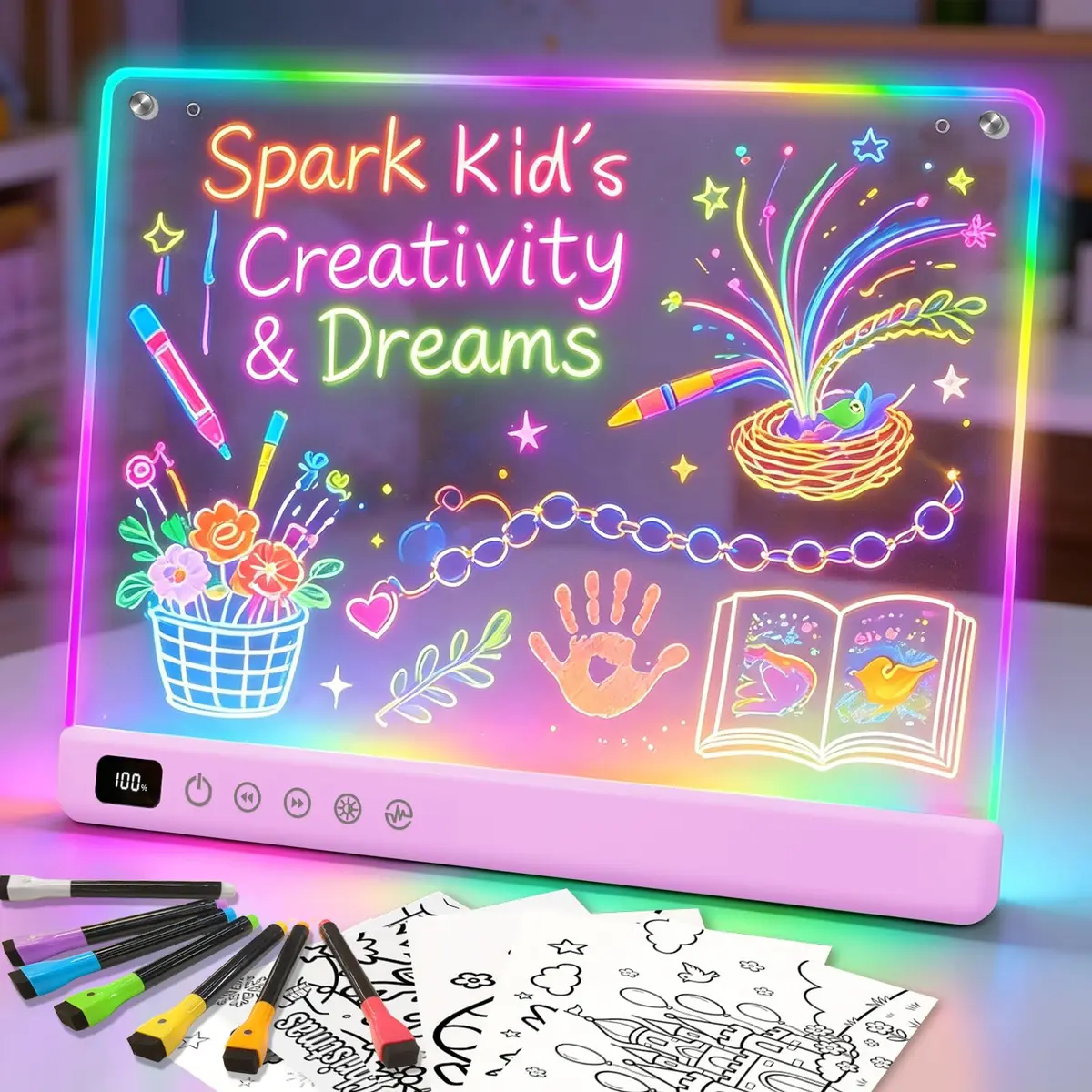 Lumiboard LED Drawing Board with Stand, 16" Rechargeable Glow Doodle Tablet, 8 RGB Colors & 6 Modes | Purple - main product image