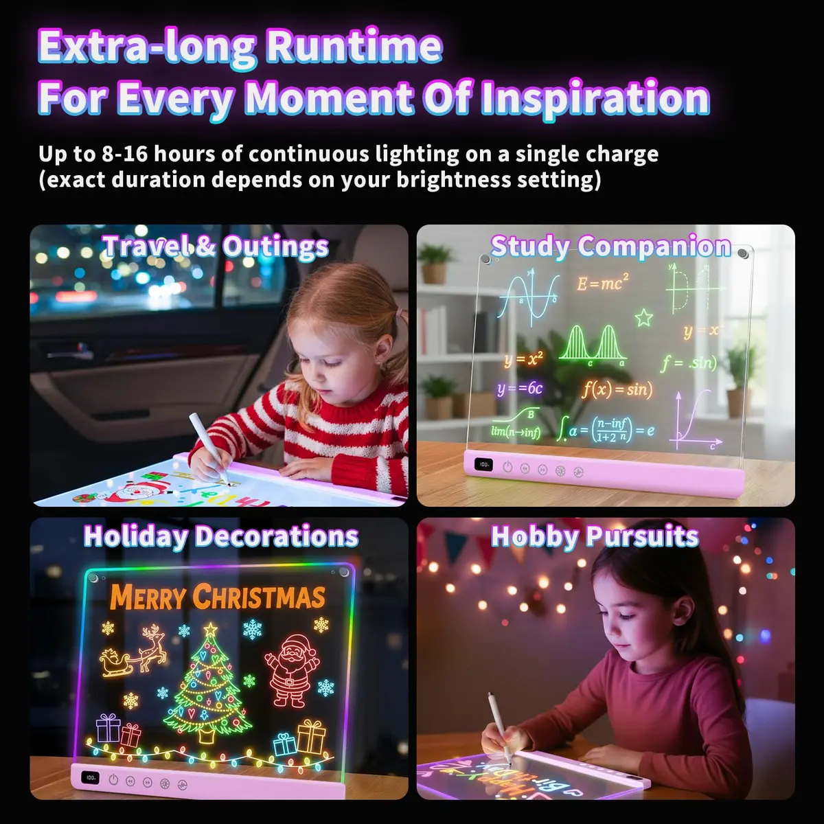 Lumiboard LED Drawing Board with Stand, 16" Rechargeable Glow Doodle Tablet, 8 RGB Colors & 6 Modes | Purple - view 3