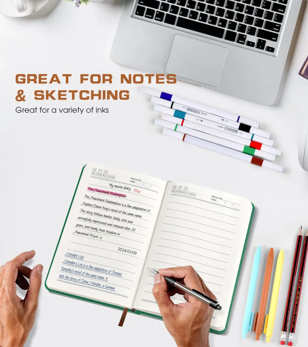 Biuwory Lined Pocket Journal Notebook, A6 Leather Diary Notepad (Green, 140 Pages) | Vintage Design for Daily Writing - view 5