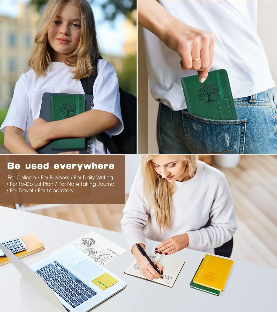 Biuwory Lined Pocket Journal Notebook, A6 Leather Diary Notepad (Green, 140 Pages) | Vintage Design for Daily Writing - view 7