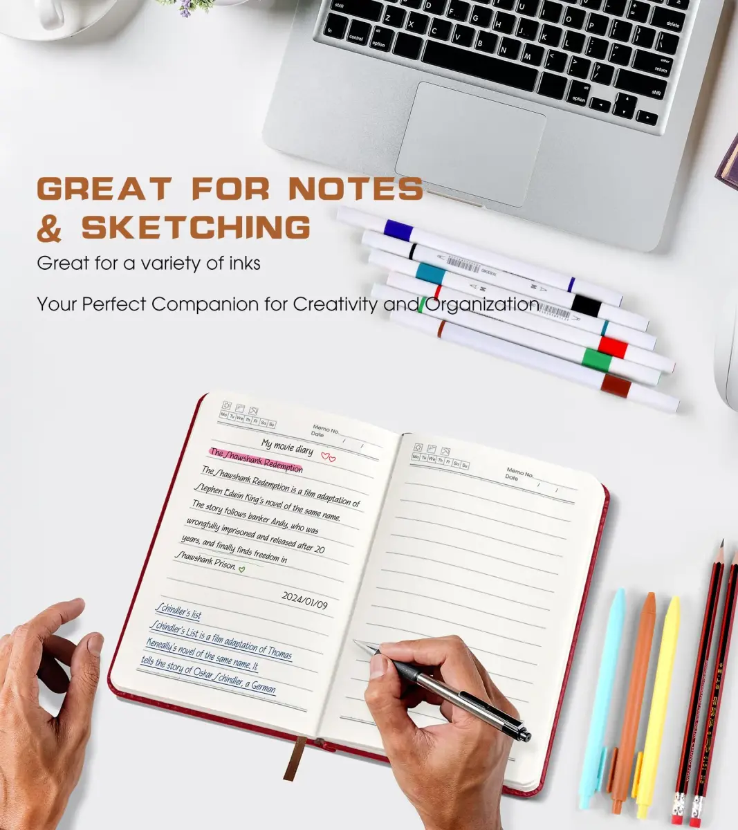 Biuwory A6 Leather Journal Notebook for Writing, 140 Pages Mini Notebook with Hardcover, 3.7"×5.7" Pocket Diary for Travel, Work, Students (Winered) - view 5