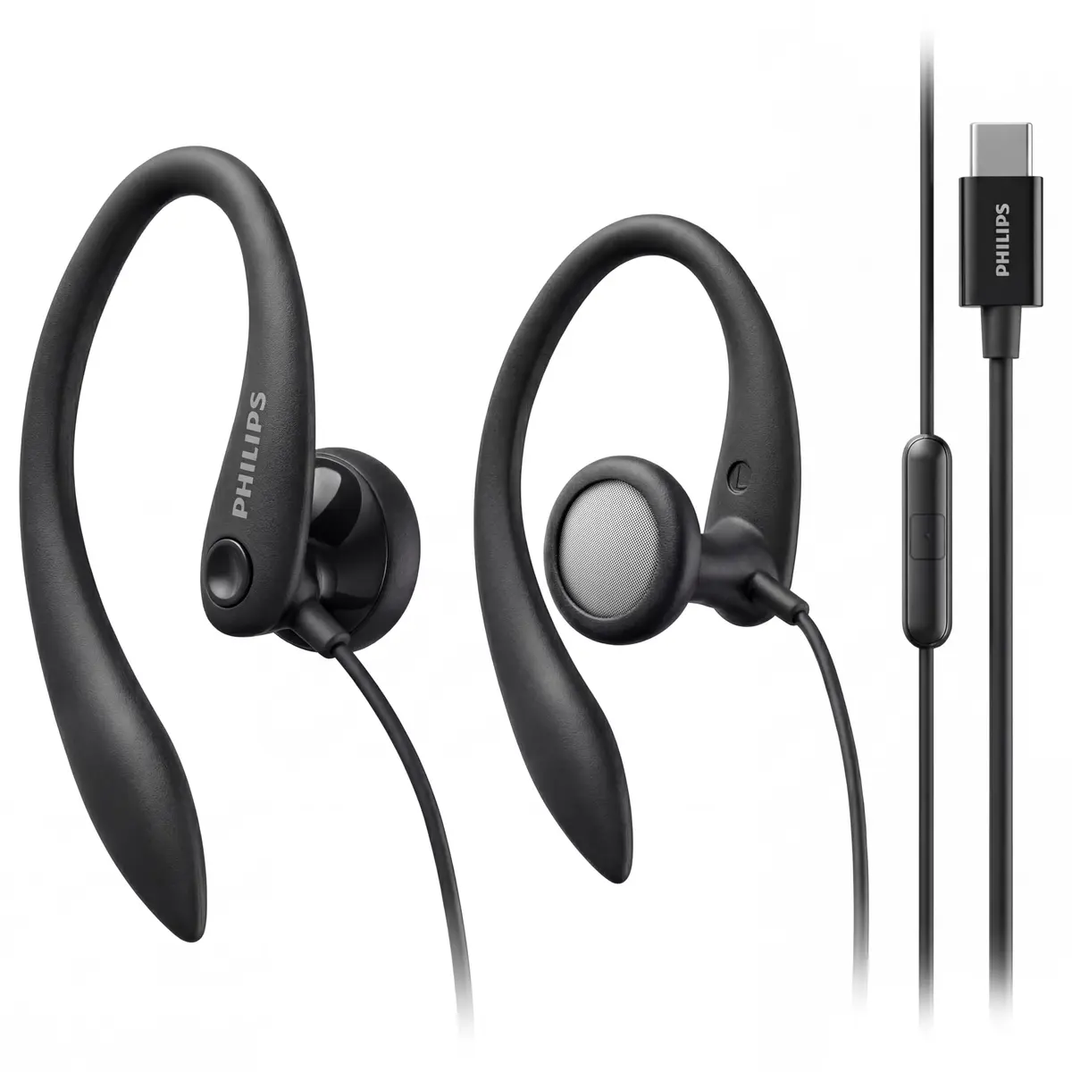 PHILIPS USB-C Wired Earbuds with Microphone | Secure Fit Sport Earhooks, Deep Bass 15mm Drivers, Inline Controls, Wired Open Ear Headphones for Running & Gym - main product image