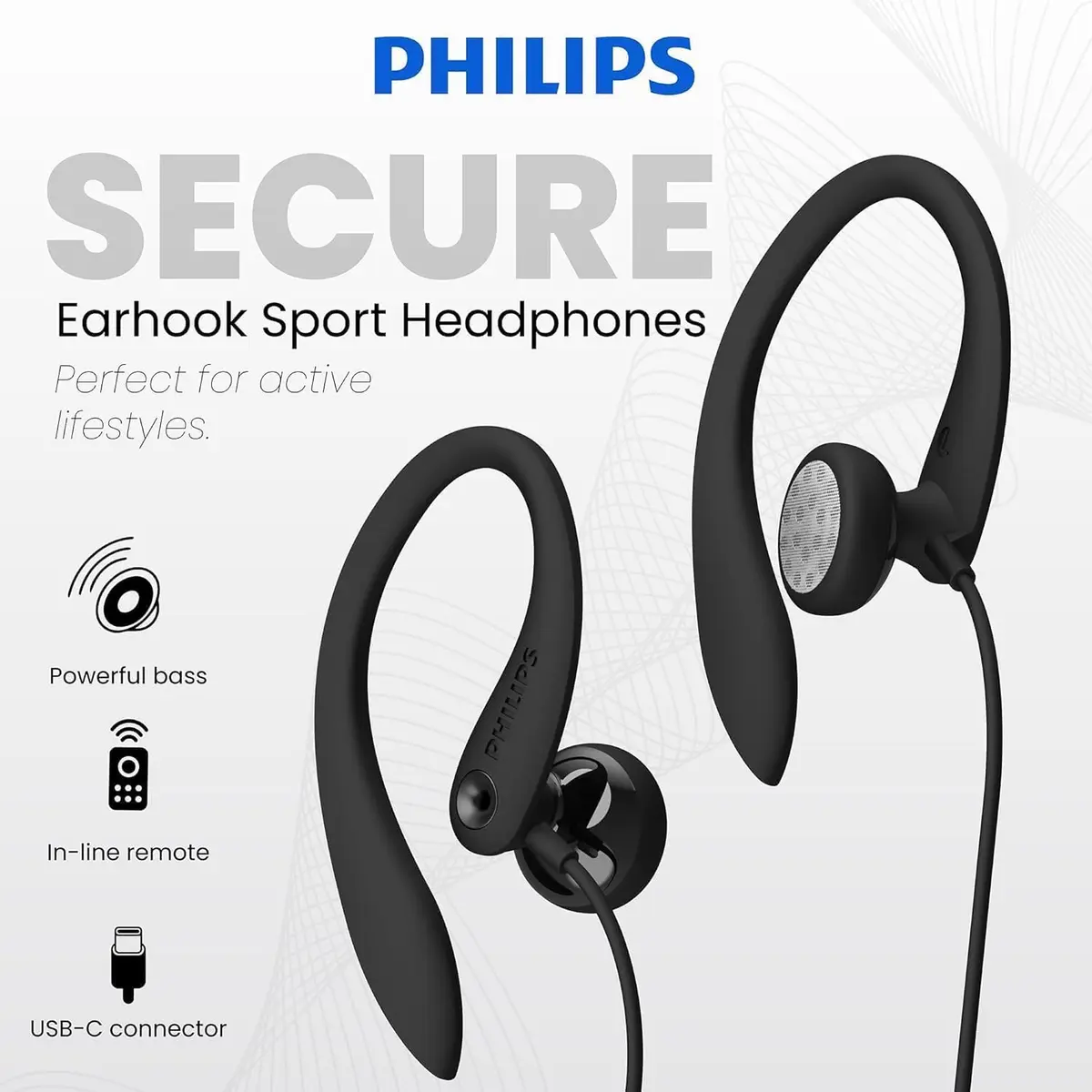 PHILIPS USB-C Wired Earbuds with Microphone | Secure Fit Sport Earhooks, Deep Bass 15mm Drivers, Inline Controls, Wired Open Ear Headphones for Running & Gym - view 2