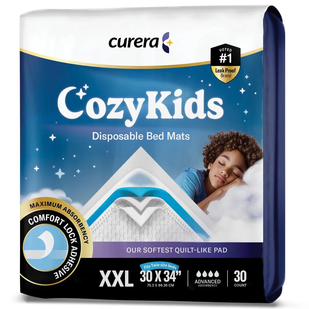 Curera CozyKids Disposable Bedwetting Bed Pads for Kids 30”x 34” (30-Pack) | XXL Waterproof Protection for Dry Nights - main product image