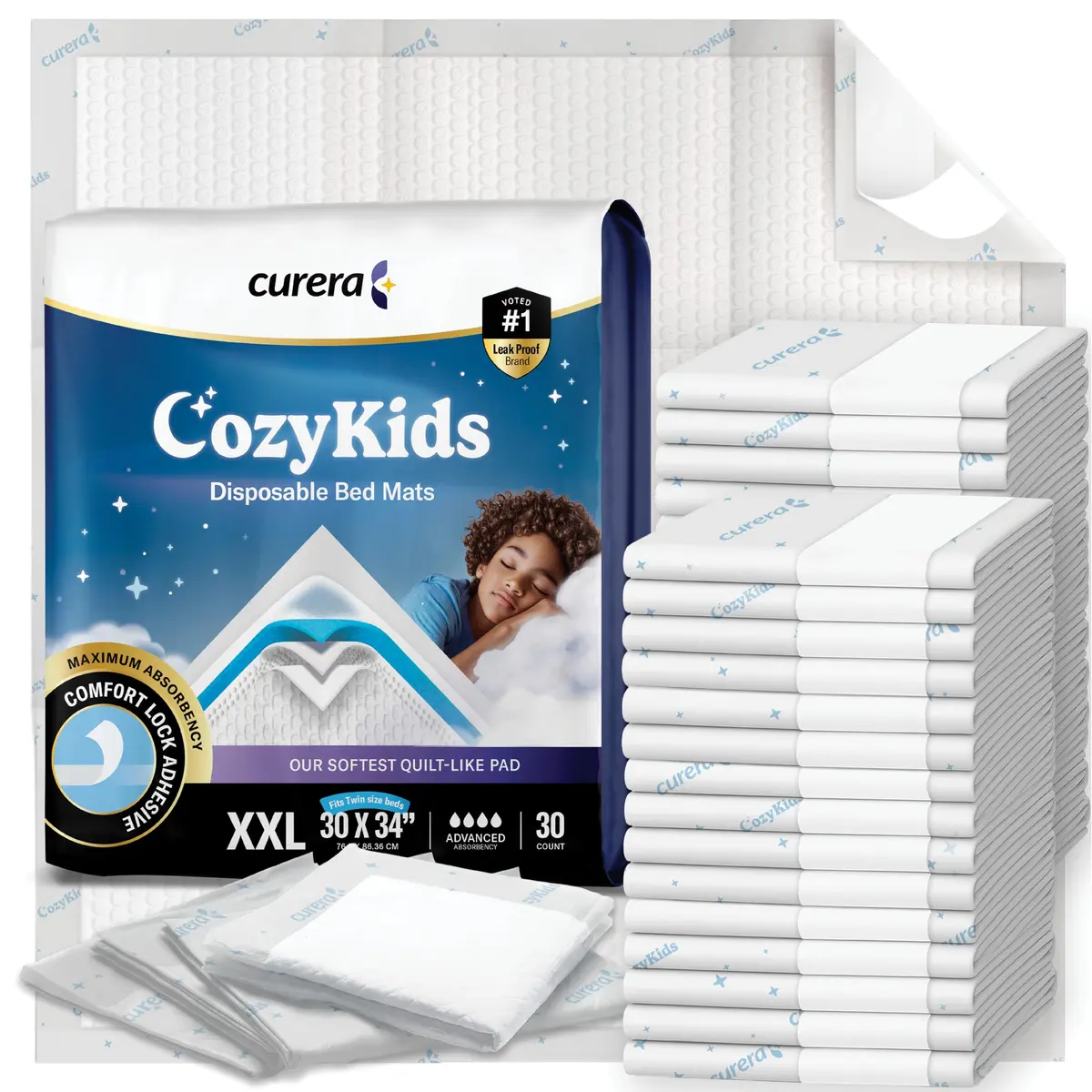 Curera CozyKids Disposable Bedwetting Bed Pads for Kids 30”x 34” (30-Pack) | XXL Waterproof Protection for Dry Nights - view 2