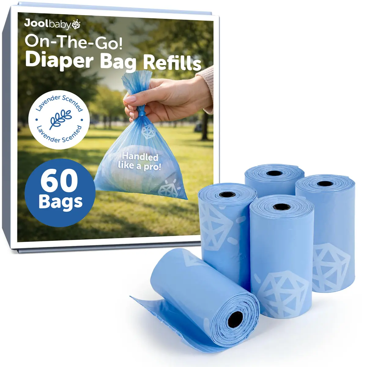 Jool Baby Disposable Diaper Bag Refills for Diaper Bag Dispenser (5 Rolls, 60 Bags) – Lavender-Scented Odor-Controlling Waste Bag - main product image