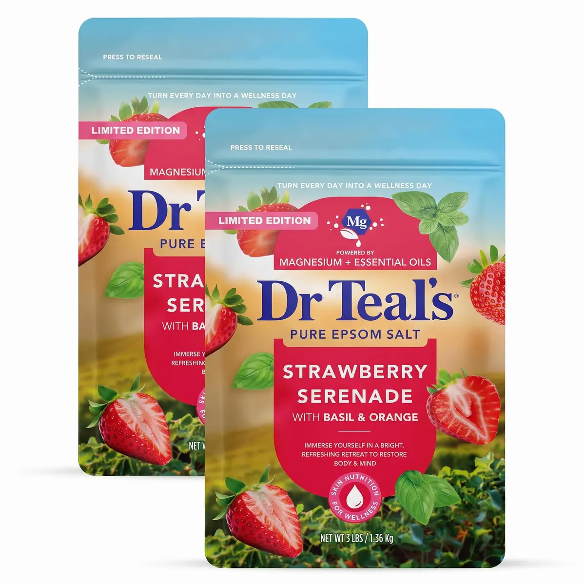 Dr Teal's Epsom Salt Magnesium Soak, Strawberry Serenade, 48 oz (Pack of 2) | Relaxing Bath Salt with Citrus & Basil - main product image