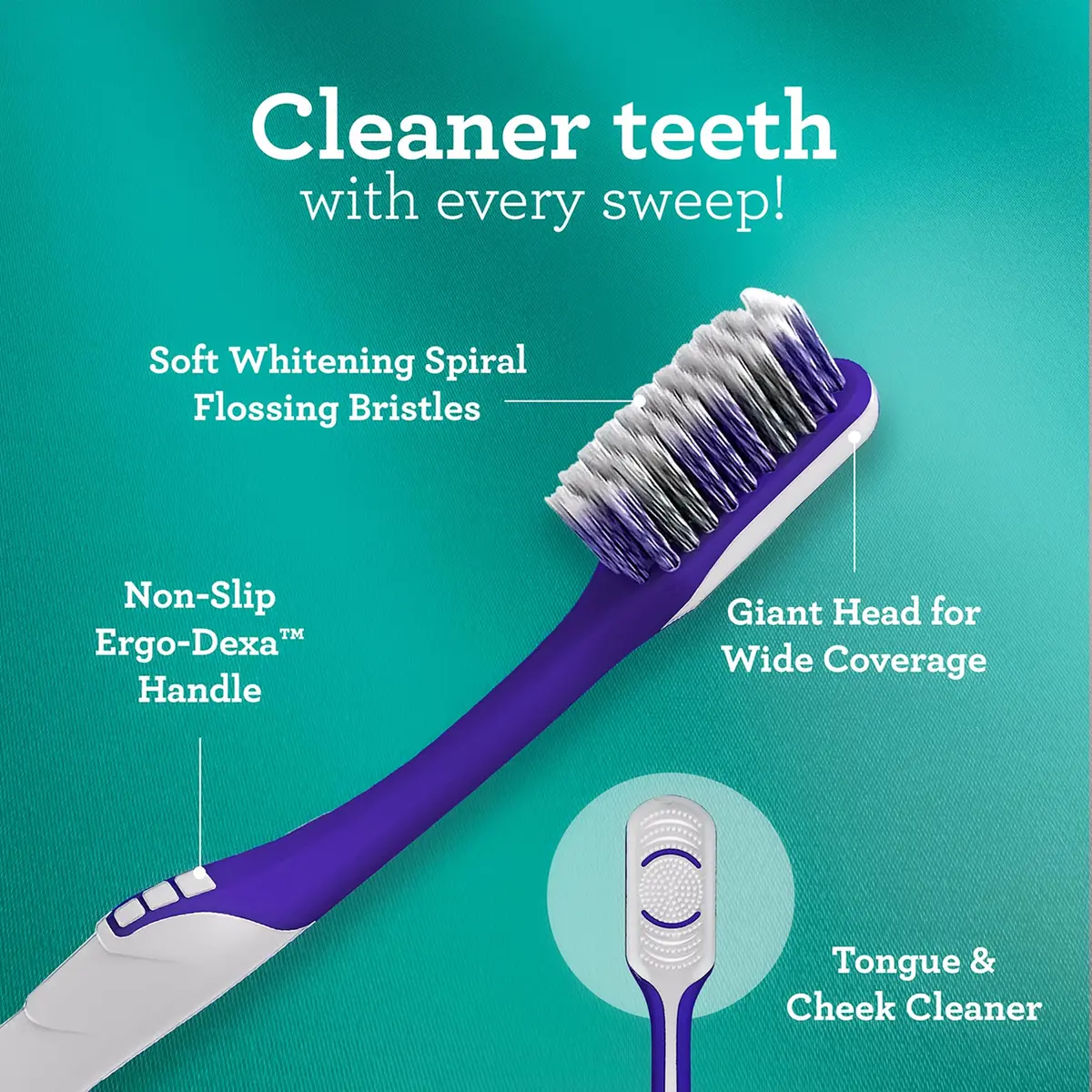 GuruNanda Gentle Giant Toothbrush with Dual Action Flossing Spiral Bristles, Non-Slip Ergo Dexa Grip, BPA Free, 2 Count | Dentist Recommended - view 4