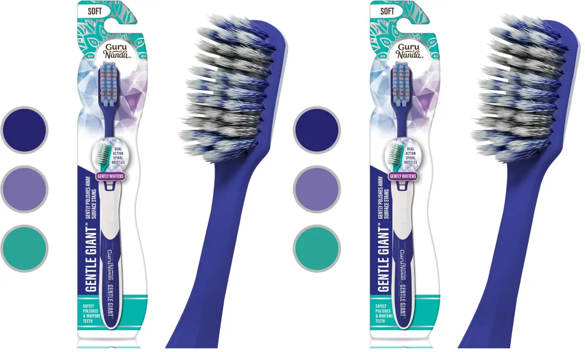 GuruNanda Gentle Giant Toothbrush with Dual Action Flossing Spiral Bristles, Non-Slip Ergo Dexa Grip, BPA Free, 2 Count | Dentist Recommended - main product image