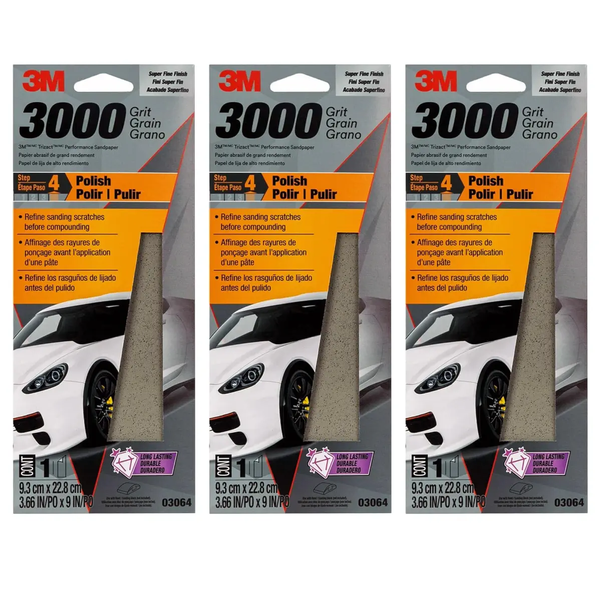 3M Trizact Performance Sandpaper 3000 Grit 9" x 3 2/3" (25mm x 230mm) Pack of 3 | Polishes Clear Coat & Paint - main product image