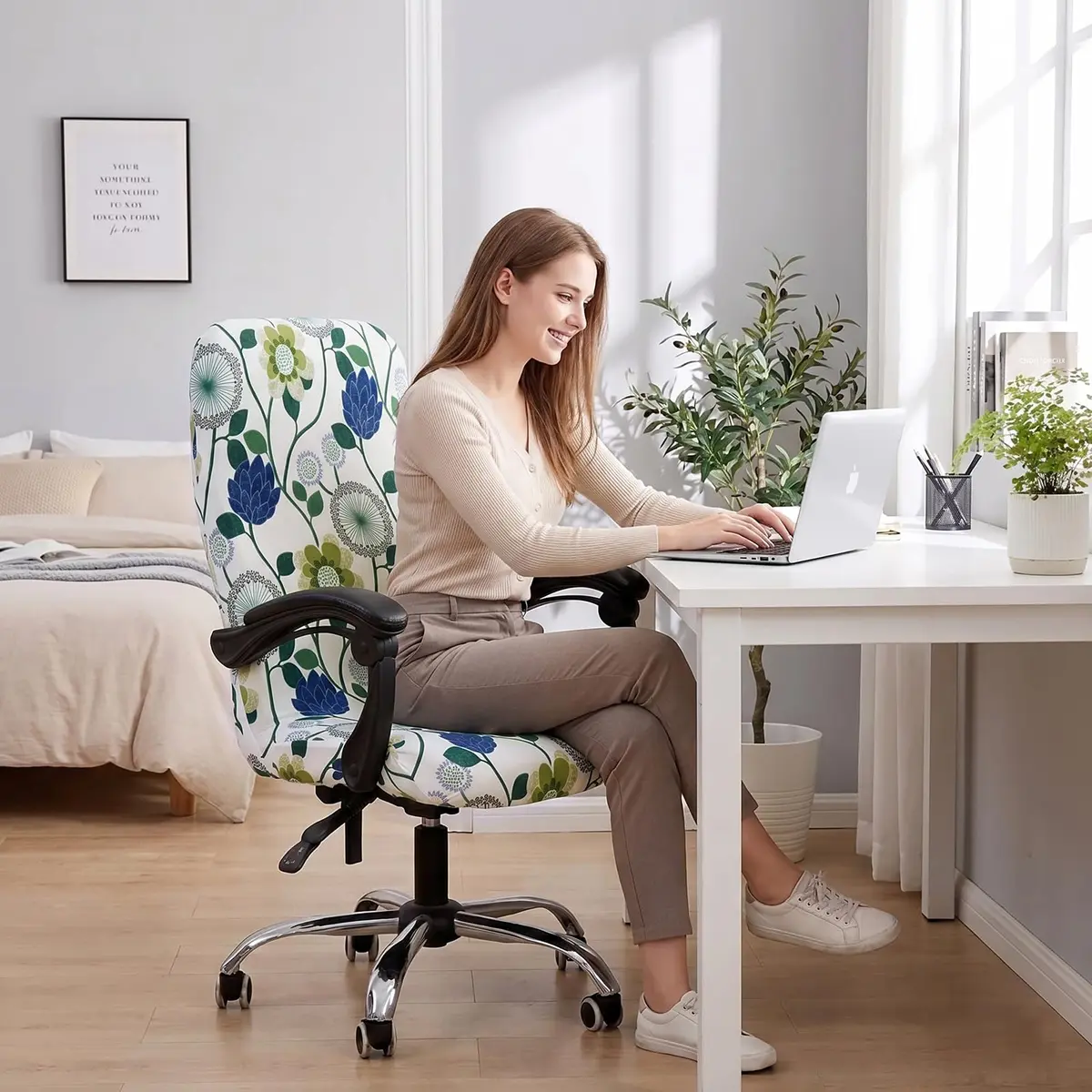 WOMACO Office Chair Cover Large | Stretch Floral Protector for High Back Desk Chair - view 2