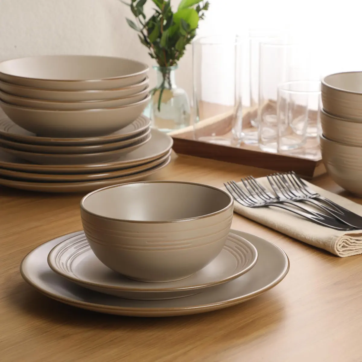 Gibson Home Chiswick House 16-Piece Stoneware Dinnerware Set for 4 | Beige with Wax Relief Rim, Dishwasher Safe - view 5