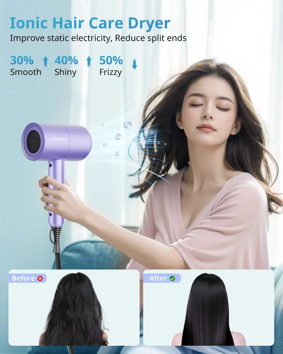 SHRATE Professional Ionic Hair Dryer with Diffuser & Nozzle | Low Noise, 1800W, Aluminum | Travel & Home Use - view 5