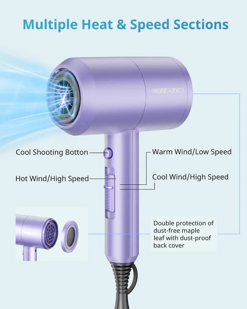 SHRATE Professional Ionic Hair Dryer with Diffuser & Nozzle | Low Noise, 1800W, Aluminum | Travel & Home Use - view 7