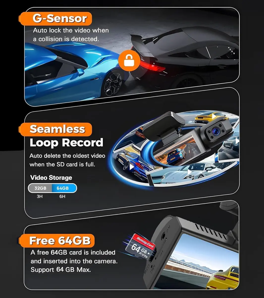 Wagoyo Dashcam Front and Inside | 1080p Night Vision Wide Angle 3.16 Inch IPS Screen - view 3