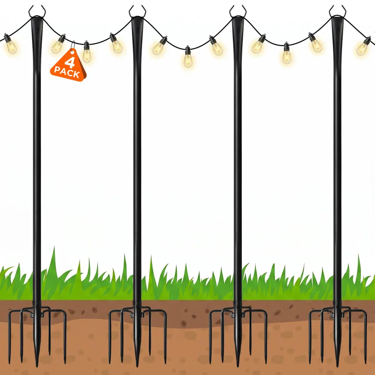 Litmustes 10FT String Light Poles | Heavy Duty Outdoor Steel Support, 4 Pack, Anti-Rust, Garden & Patio - main product image