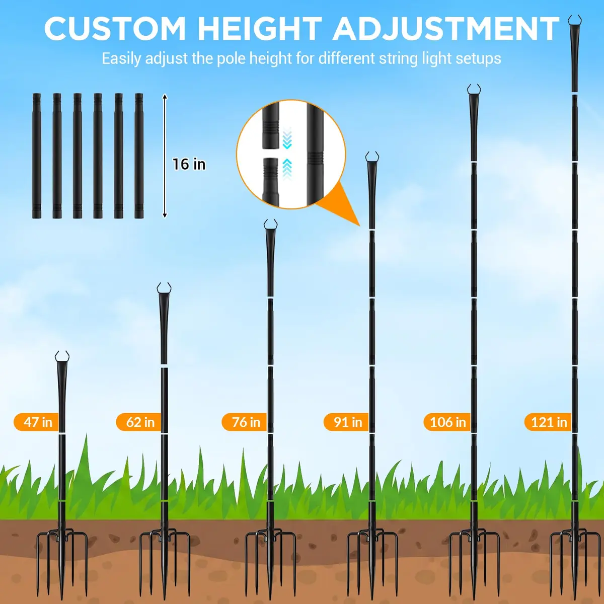 Litmustes 10FT String Light Poles | Heavy Duty Outdoor Steel Support, 4 Pack, Anti-Rust, Garden & Patio - view 5