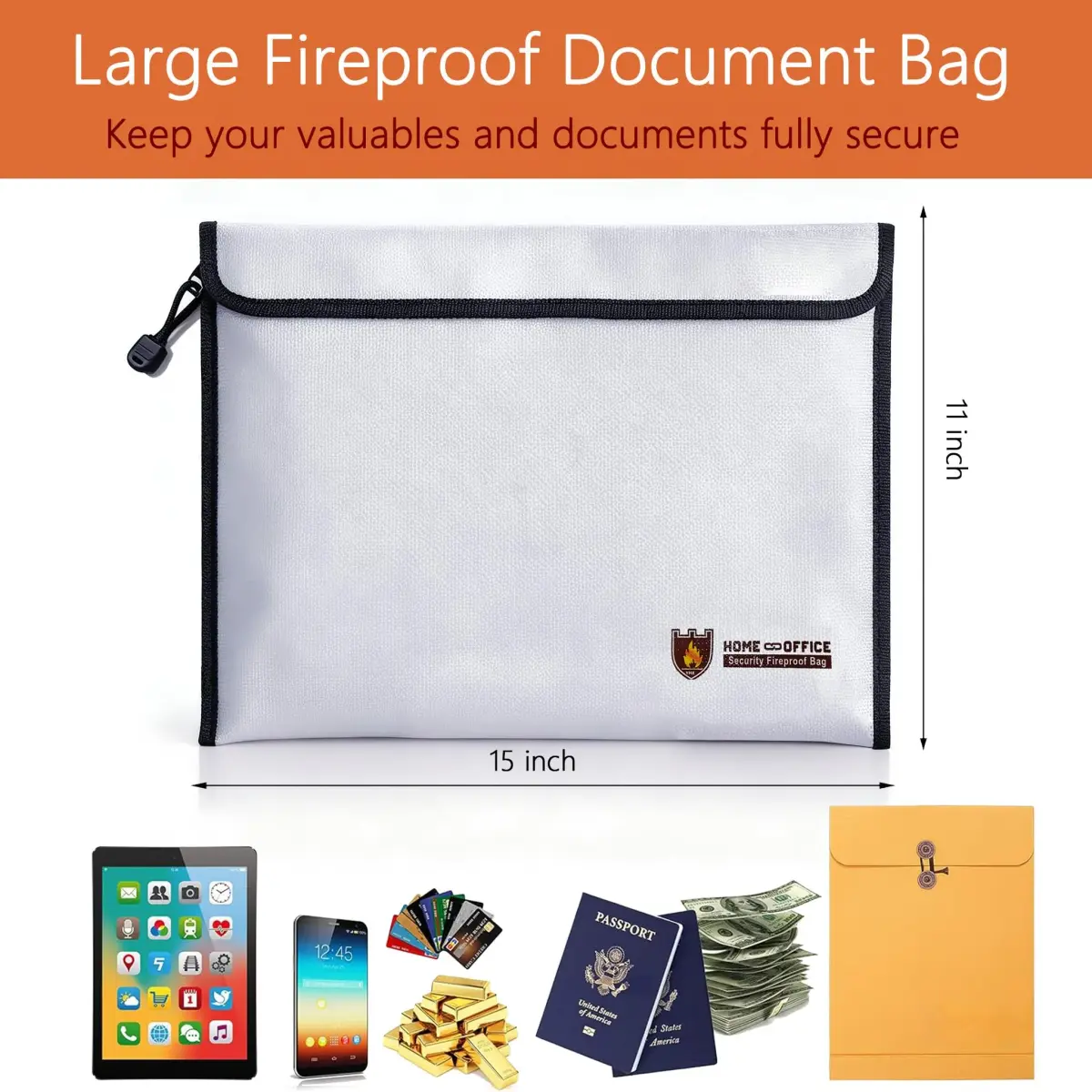 Geban Extra Large Fireproof Document Bag 38cm x 28cm (15''×11'') | Protects Valuables from Fire & Water - view 2