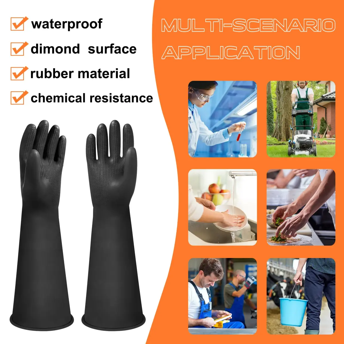 Nobgum 16" Chemical Resistant Rubber Safety Work Gloves | Large, 1 Pair, Black - view 4