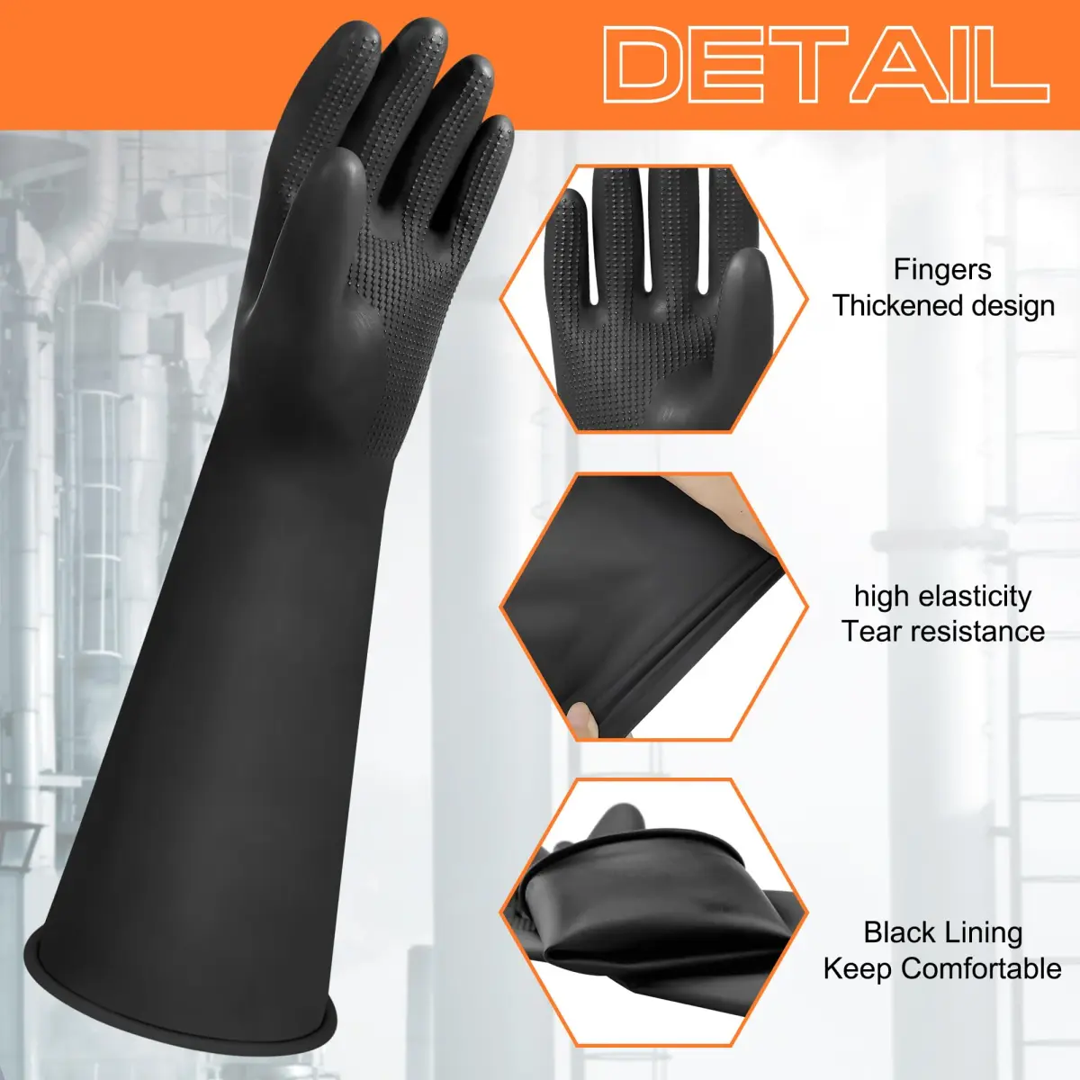 Nobgum 16" Chemical Resistant Rubber Safety Work Gloves | Large, 1 Pair, Black - view 3