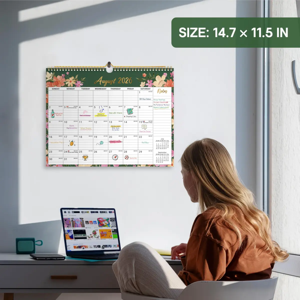 Taja 2026-2027 Wall Calendar 14.7" x 11.5" (36.8 cm x 29.2 cm) | Floral Design, 21-Month Planning - view 4