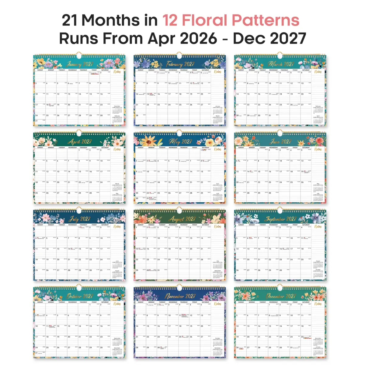 Taja 2026-2027 Wall Calendar 14.7" x 11.5" (36.8 cm x 29.2 cm) | Floral Design, 21-Month Planning - view 7