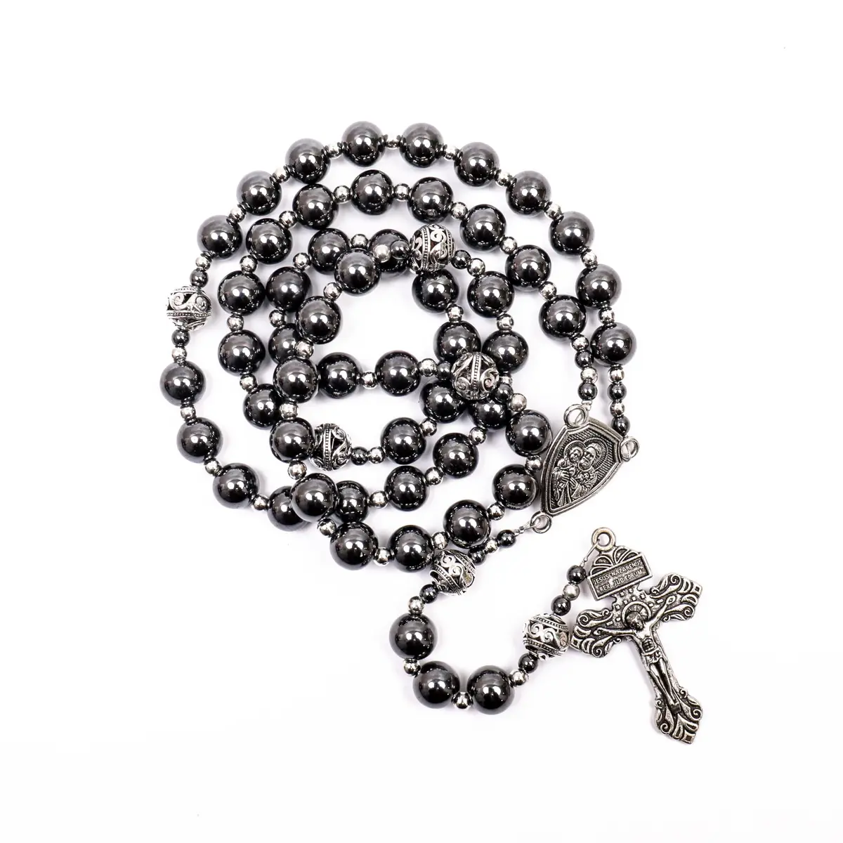 Nazareth Store Hematite Rosary Necklace for Men Black Stone Beads 50cm (20") | Traditional Saint Joseph Medal & Cross - main product image