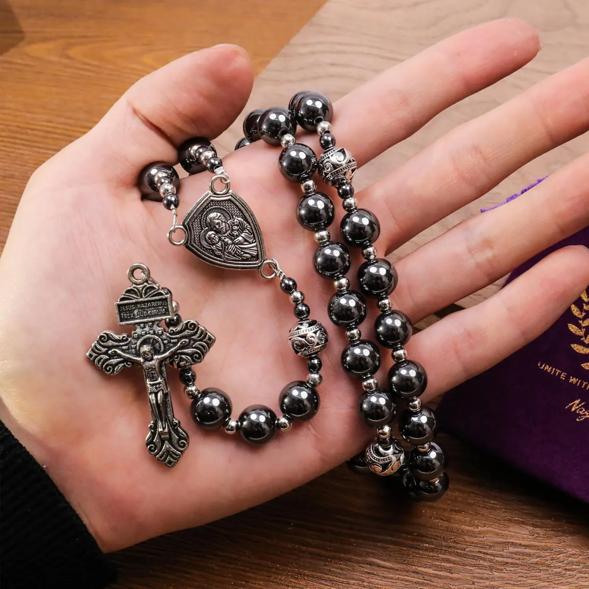 Nazareth Store Hematite Rosary Necklace for Men Black Stone Beads 50cm (20") | Traditional Saint Joseph Medal & Cross - view 5