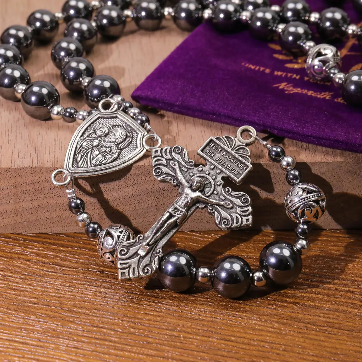 Nazareth Store Hematite Rosary Necklace for Men Black Stone Beads 50cm (20") | Traditional Saint Joseph Medal & Cross - view 6