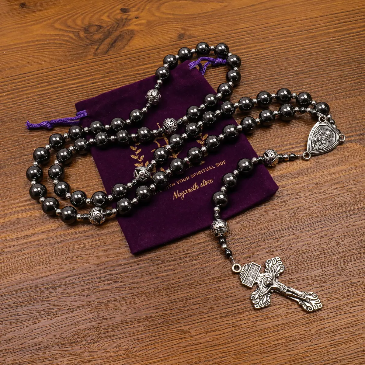 Nazareth Store Hematite Rosary Necklace for Men Black Stone Beads 50cm (20") | Traditional Saint Joseph Medal & Cross - view 8
