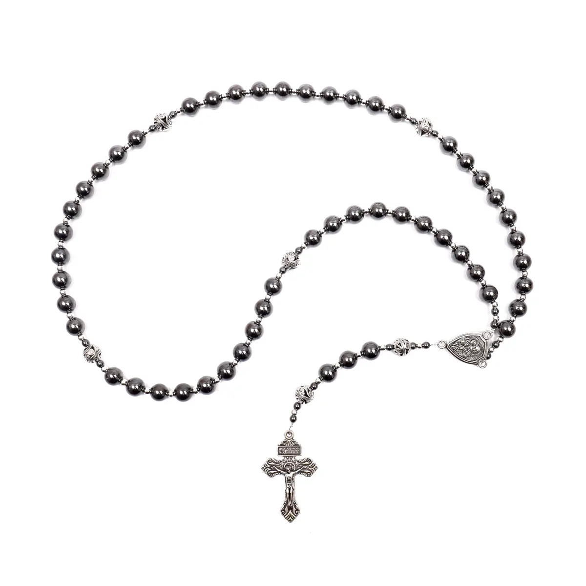 Nazareth Store Hematite Rosary Necklace for Men Black Stone Beads 50cm (20") | Traditional Saint Joseph Medal & Cross - view 9