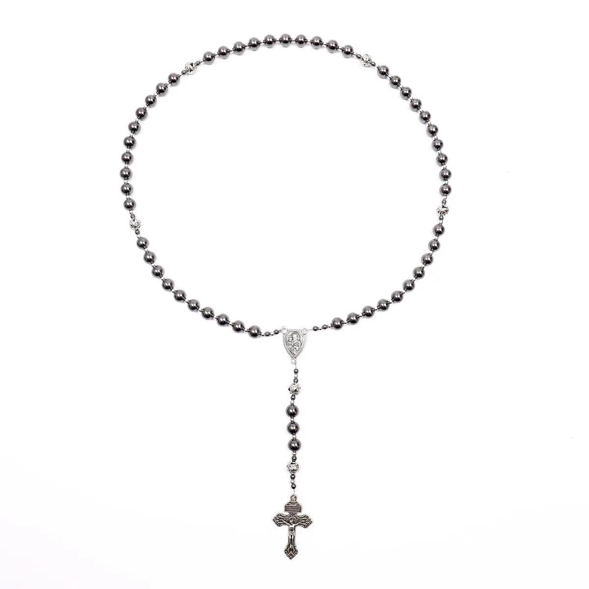 Nazareth Store Hematite Rosary Necklace for Men Black Stone Beads 50cm (20") | Traditional Saint Joseph Medal & Cross - view 2