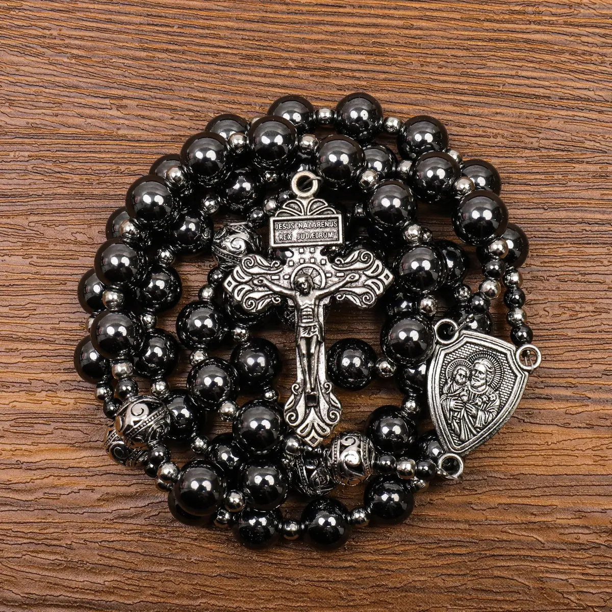 Nazareth Store Hematite Rosary Necklace for Men Black Stone Beads 50cm (20") | Traditional Saint Joseph Medal & Cross - view 3