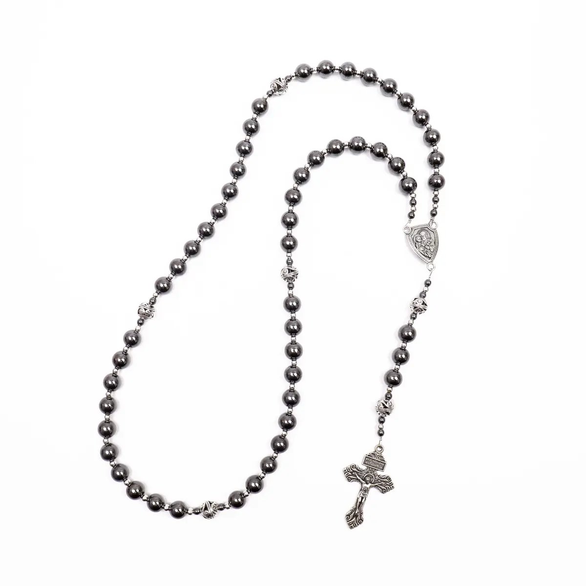 Nazareth Store Hematite Rosary Necklace for Men Black Stone Beads 50cm (20") | Traditional Saint Joseph Medal & Cross - view 4