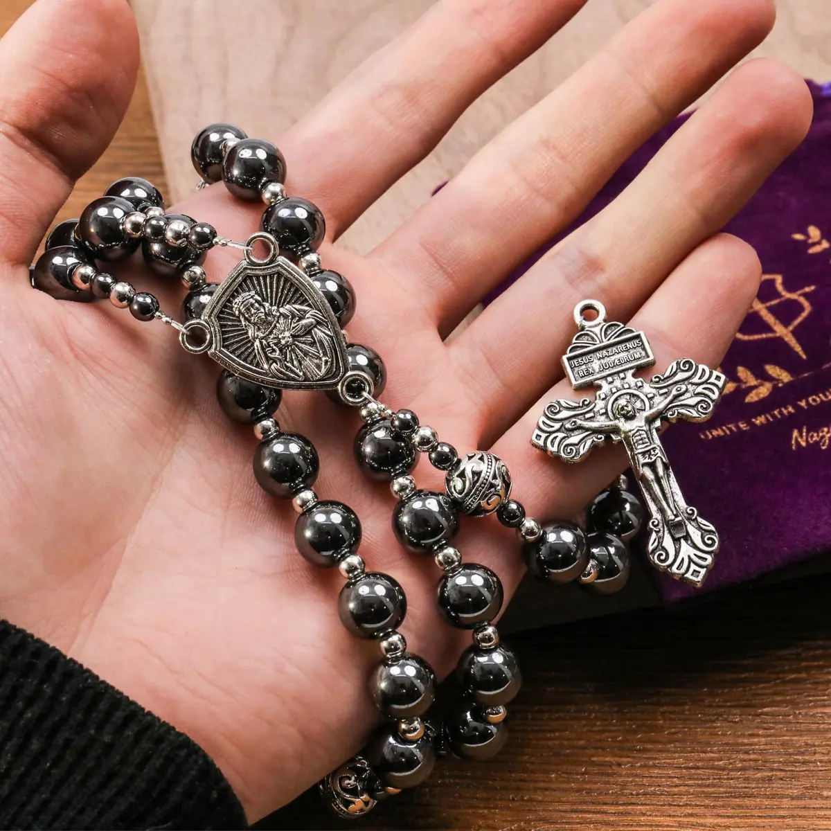 Nazareth Store Hematite Rosary Necklace for Men 50cm (20") | Devotional Strength & Spiritual Authority - view 7