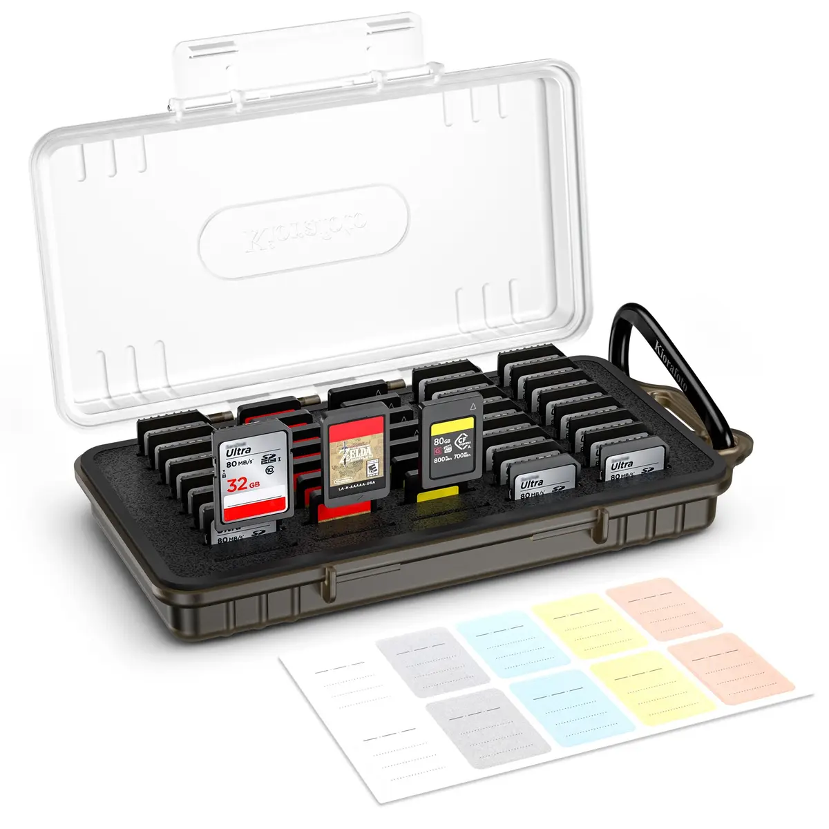 Kiorafoto 40-Slot SD Card Holder Case with Labels & Carabiner | Transparent, Water-Resistant - main product image