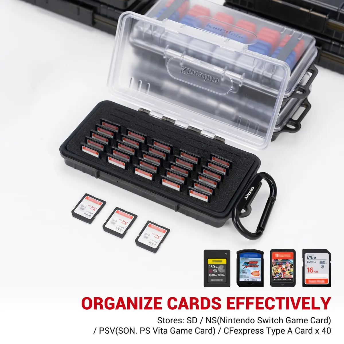 Kiorafoto 40-Slot SD Card Holder Case with Labels & Carabiner | Transparent, Water-Resistant - view 2