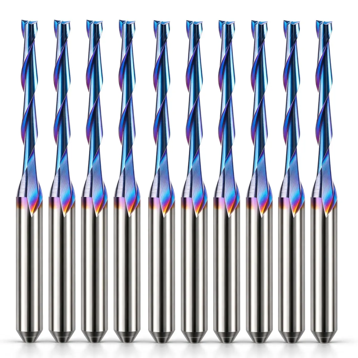 HQMaster 1/8" Shank 2-Flute Upcut CNC Router Bits 10pcs | Solid Carbide Spiral End Mill for Woodworking - main product image